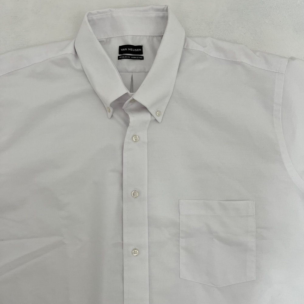 Van Heusen Mens 17.5 Button Down Shirt White Oeko Tex Regular‎ Fit Wrinkle Free - Picture 2 of 10